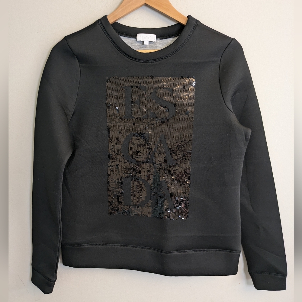 Escada Black Sequin Logo Crewneck Sweater